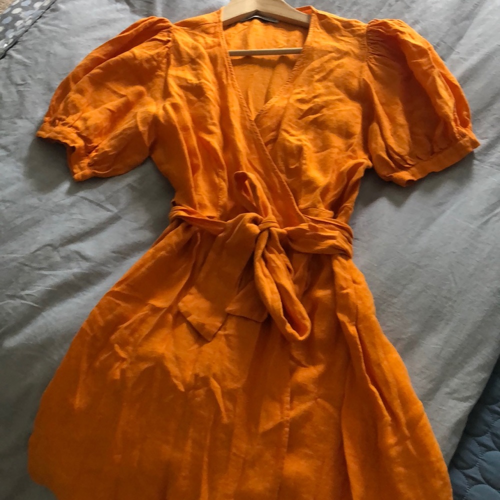 Zara Linen Wrap Dress w/ Pouf Sleeves